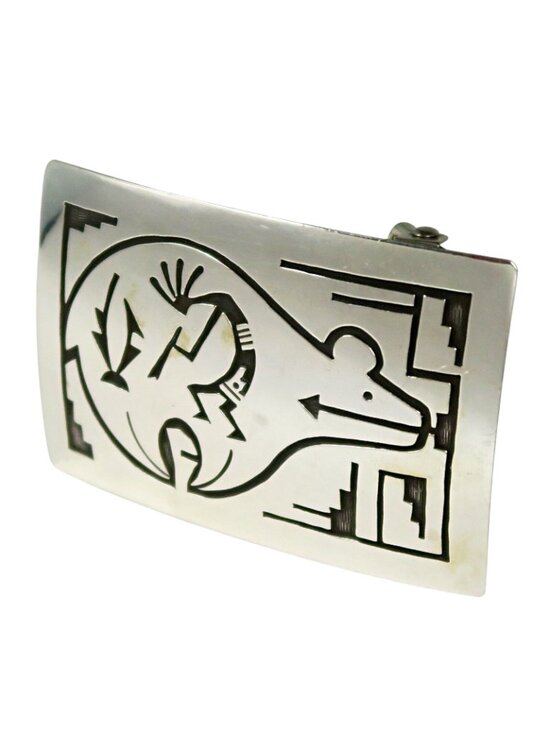 Sterling Silver Kokopelli & Heartline Bear Belt Buckle Signed Mona Van Riper